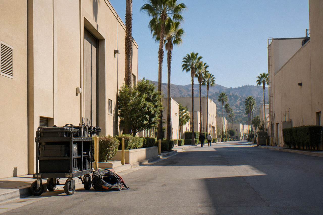 A quiet studio backlot street lined with facade buildings under a clear sky