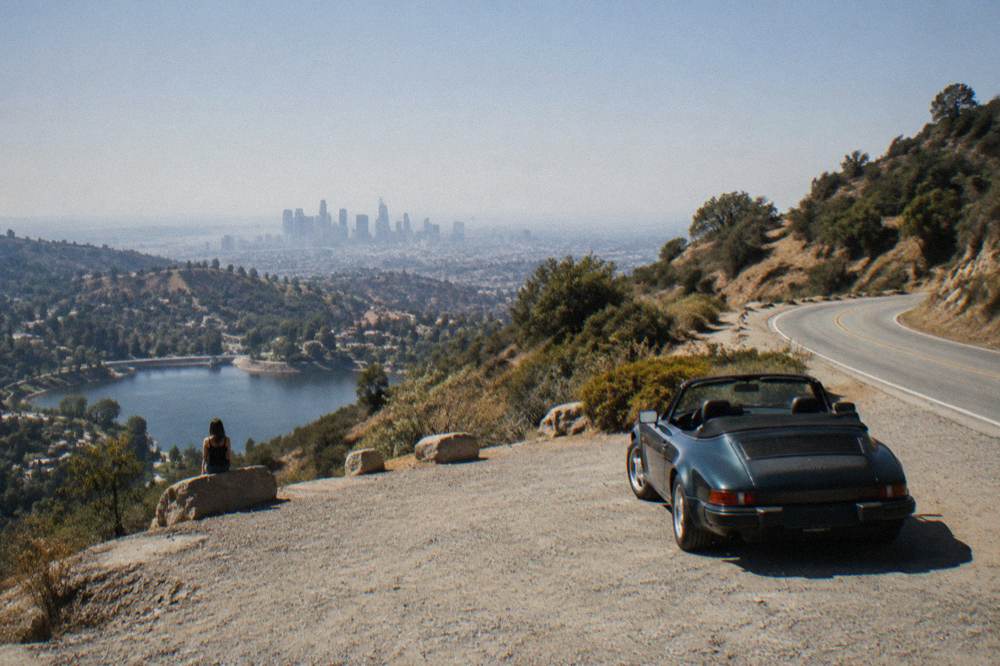 Mulholland Drive curving along a ridgeline with views over the Los Angeles basin