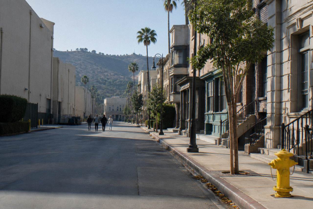 View across a Los Angeles backlot street toward soundstage walls under a clear sky