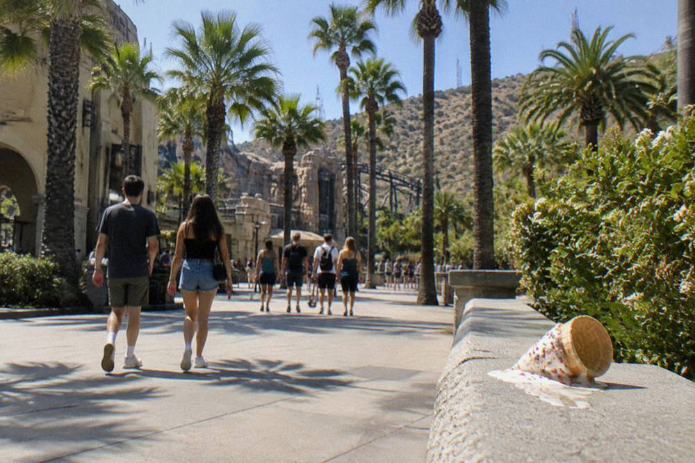 Sunny theme park walkway with palm trees and a hillside in the background