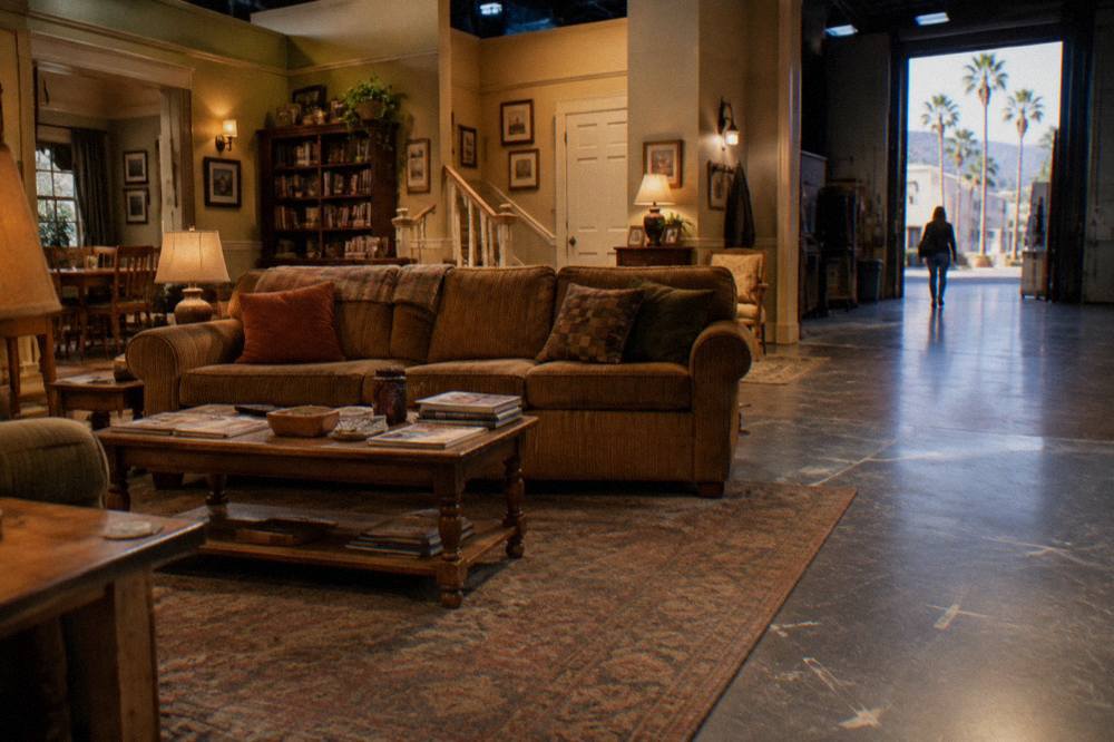 Interior studio exhibit hall with recreated sitcom living room set under warm stage lighting