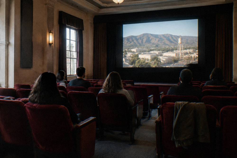 Small group of visitors seated in a vintage-style screening room with red velvet chairs before a studio tour