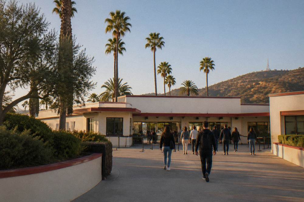 Studio tour entrance gate in late afternoon light with visitors walking toward the check-in building