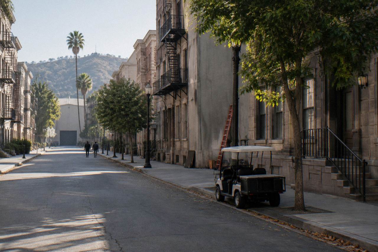 Sunlit Warner Bros. studio backlot street with brownstone facades and a guide cart parked beside the curb