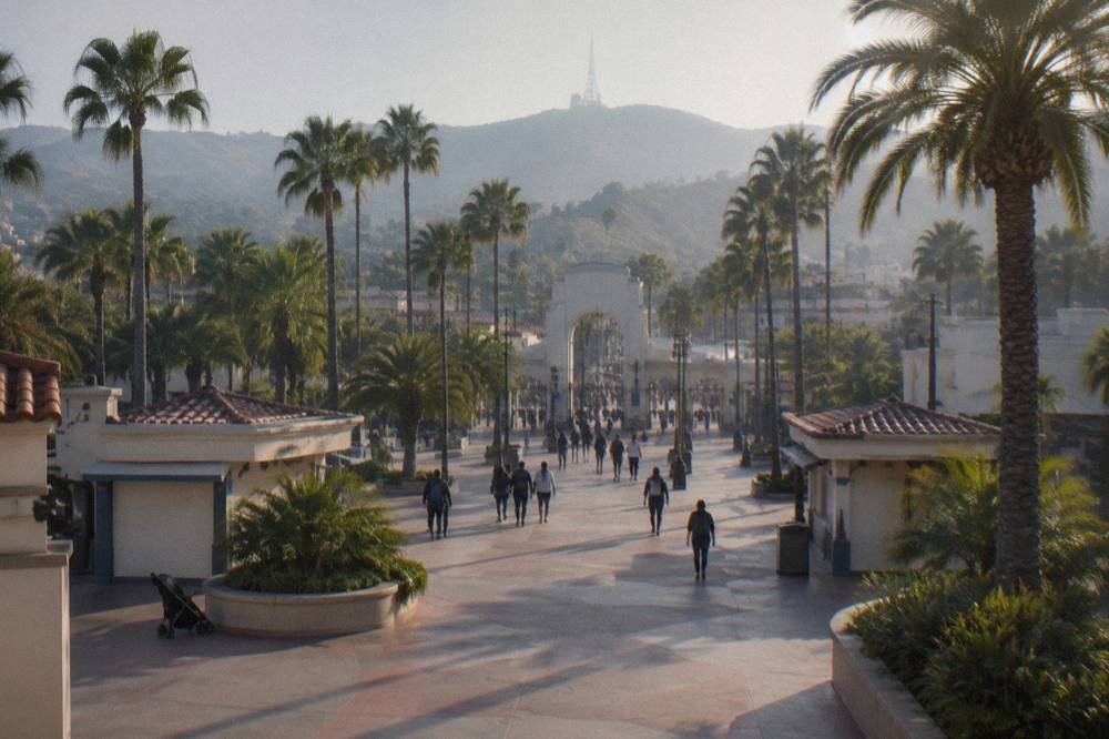 Park entrance plaza with palm trees and crowds walking toward ticket gates
