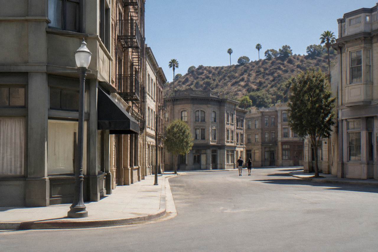 Studio backlot street facades under a clear southern California sky