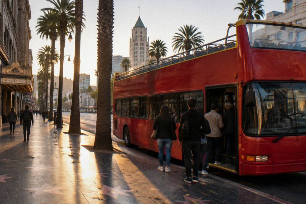 A red open-top tour bus driving along a Hollywood street with the sign visible on the hilltop.
