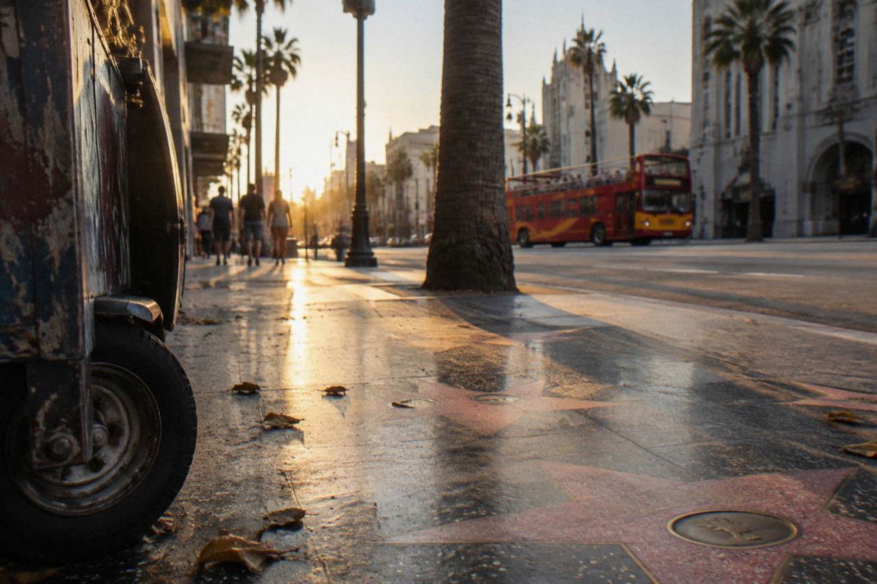 Open-top tour bus on Hollywood Boulevard with palm trees and theater marquees