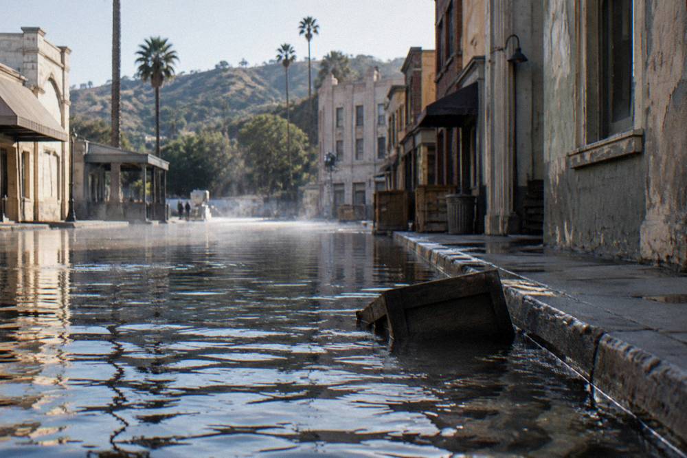 Backlot street set with water effect pooling between painted building facades