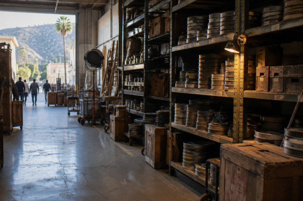Vintage film reels and studio property crates arranged inside a dim property warehouse