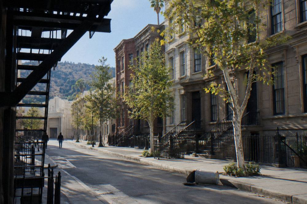 A view of the Paramount Pictures New York street backlot with brownstone facades and fire escapes
