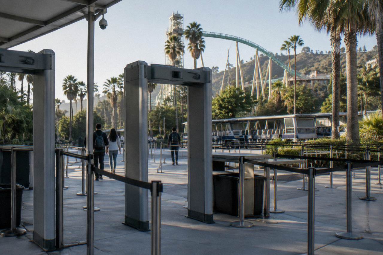 Security screening entrance gates at a theme park with tram and roller coaster in background