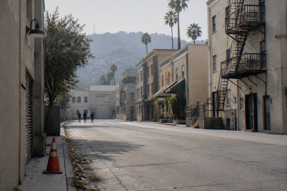 Empty studio backlot street with building facades under a clear sky