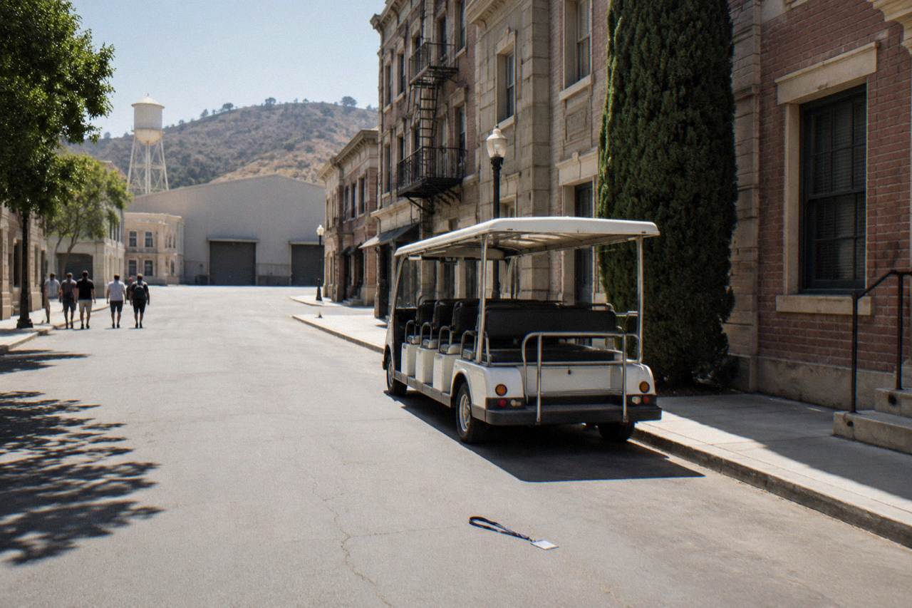 Sunlit studio backlot street with facades and a tour cart parked at the curb