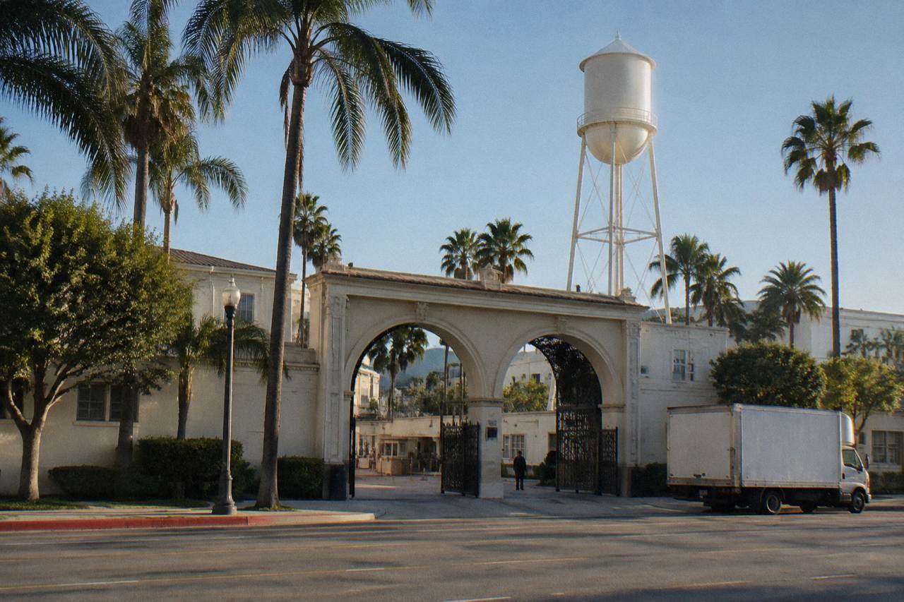 Paramount Pictures Bronson Gate entrance on Melrose Avenue with the studio water tower behind it