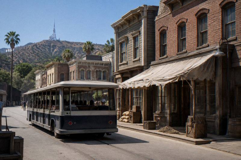 A theme park studio tram passing facades of Western storefronts and city street fronts beneath a clear Universal City sky