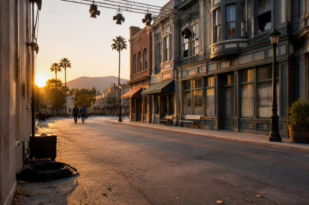 Outdoor studio backlot street with facades and lighting rigs under a clear sky