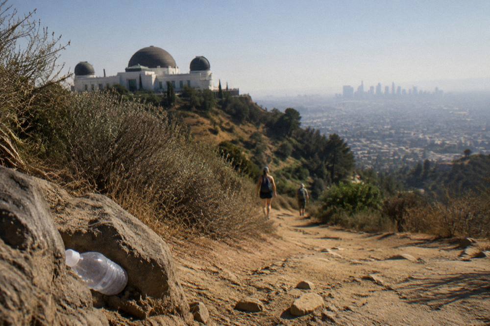 Hikers on a wide dirt ridge trail with chaparral hillsides and the Los Angeles basin in haze below