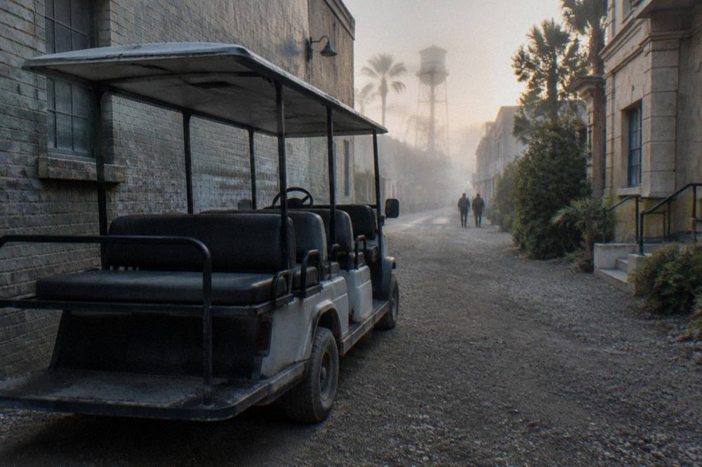 Guided tour cart parked on a studio backlot street between exterior sets