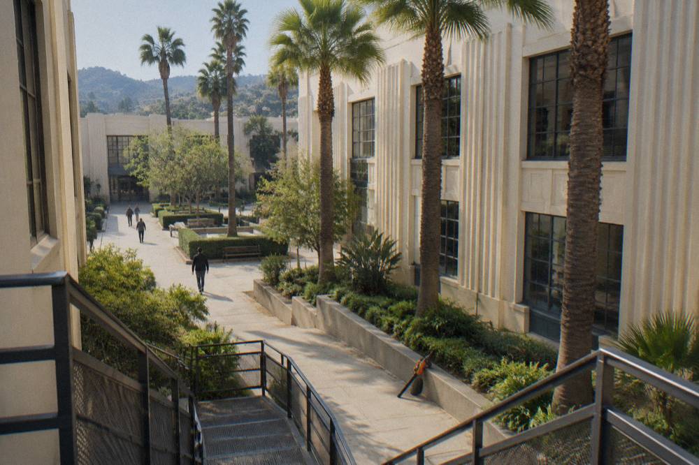 Culver City studio lot courtyard with art deco facade and palm trees
