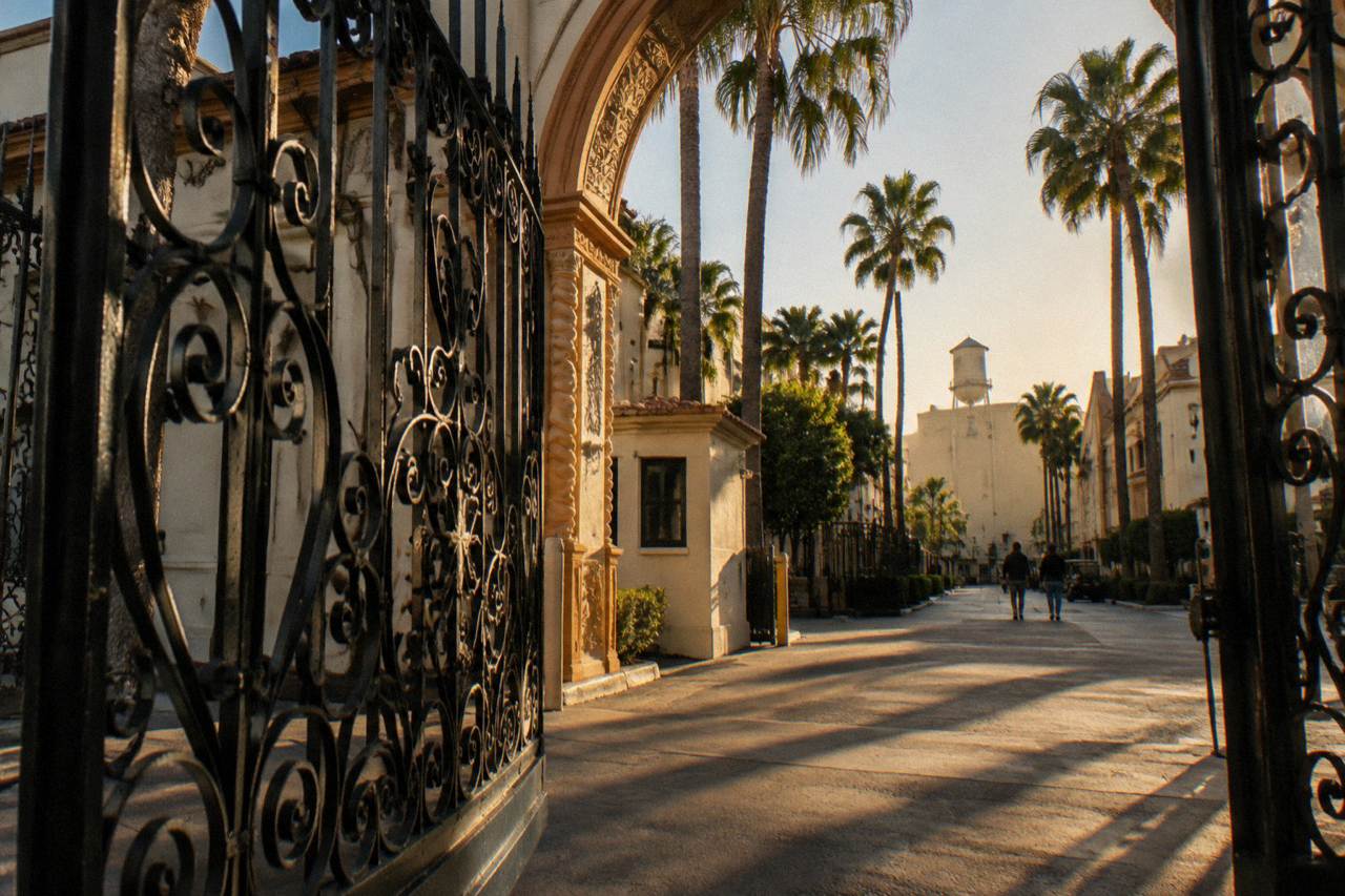 Paramount Pictures studio lot with the Bronson Gate and soundstage facades in daylight