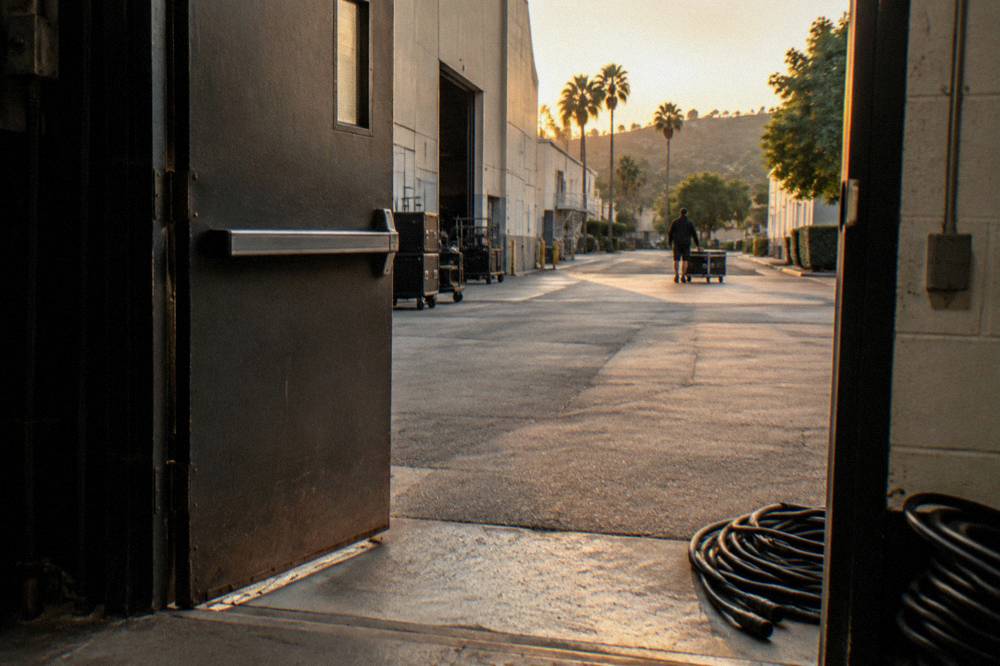 A historic soundstage doorway on a working studio lot