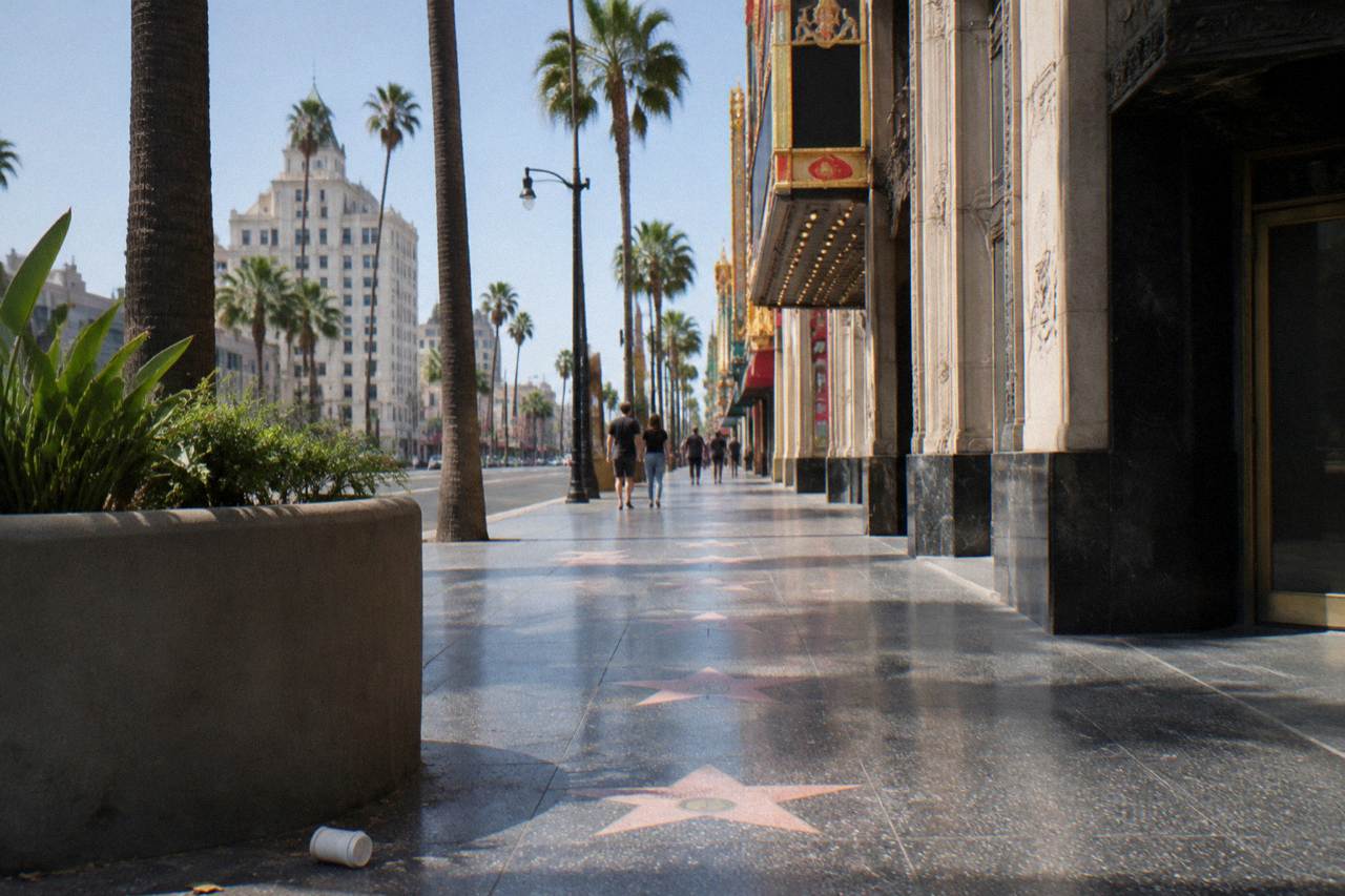 Sunlit Hollywood Boulevard sidewalk with theatre marquees along the street