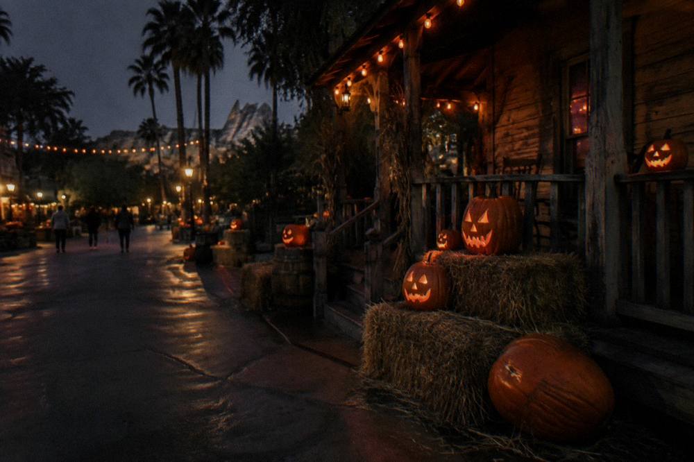 A dimly lit themed street with jack-o-lantern decorations and event lighting at night