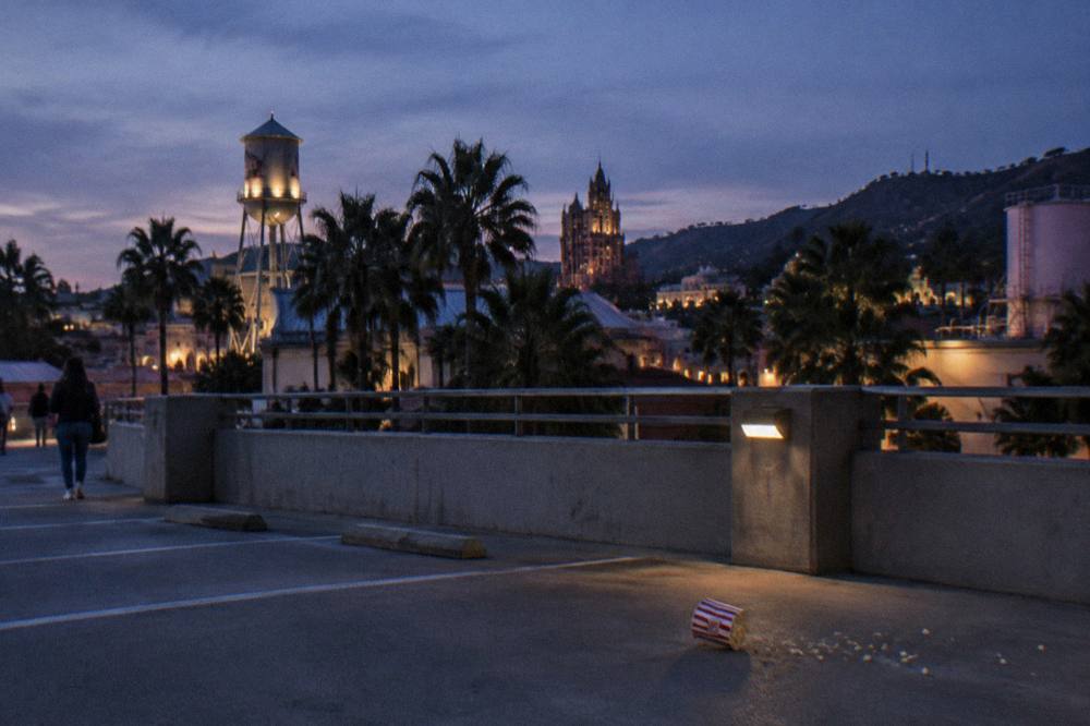 Evening view of a theme park skyline with lit towers and palm trees