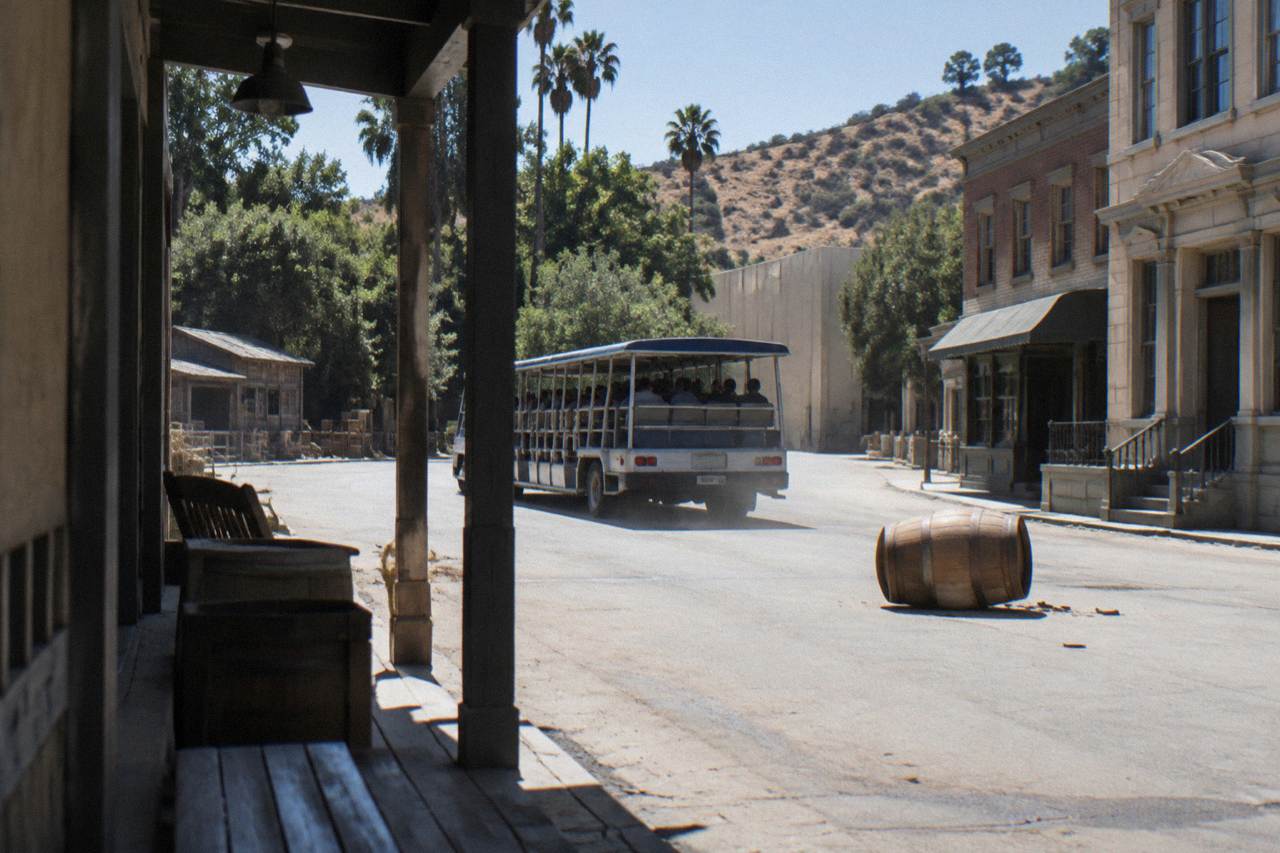 Studio tour tram traveling through a Universal Studios Hollywood backlot street set
