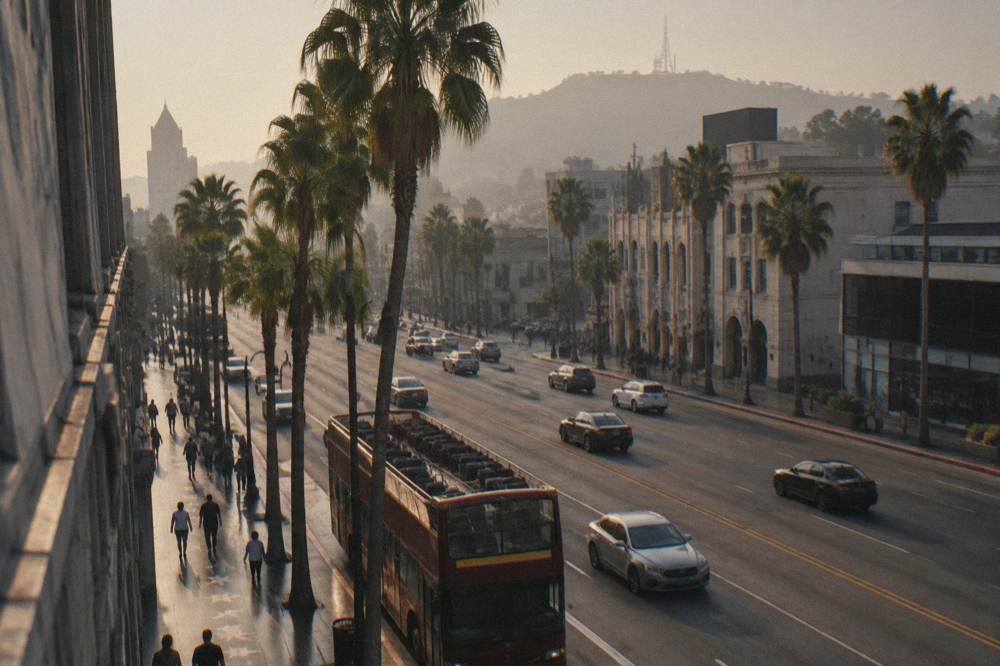 Open-top tour bus parked on a Hollywood boulevard beside palm trees