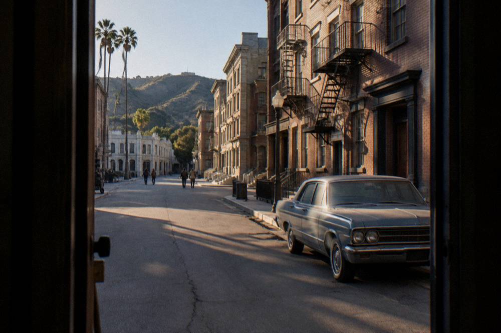Outdoor backlot street facade dressed as a city block under a clear sky