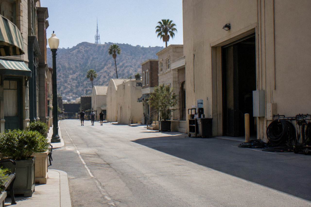 Sunlit studio backlot street with facades and production buildings on the Warner Bros. lot in Burbank