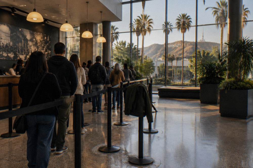 Guests waiting in a check-in line at a studio tour center lobby