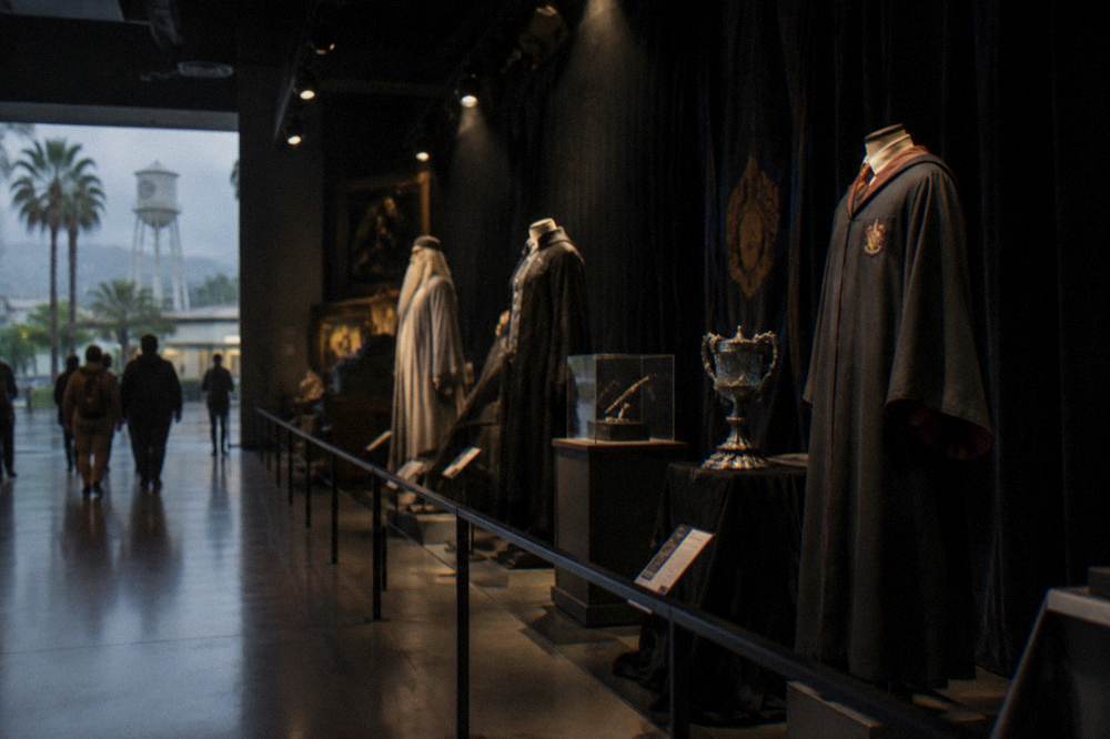 A display of wizarding costumes and props arranged in a dim exhibit hall