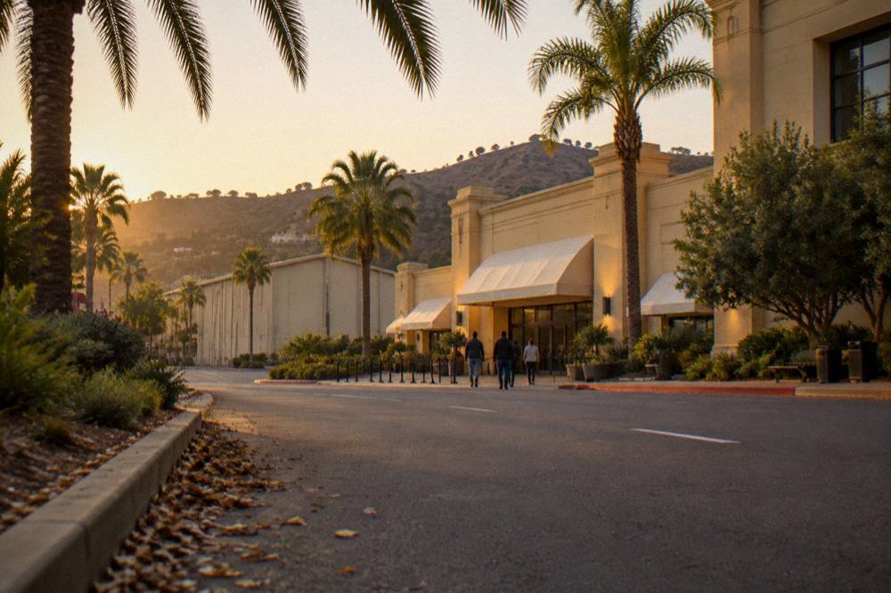 A studio tour center entrance with awnings and directional signage