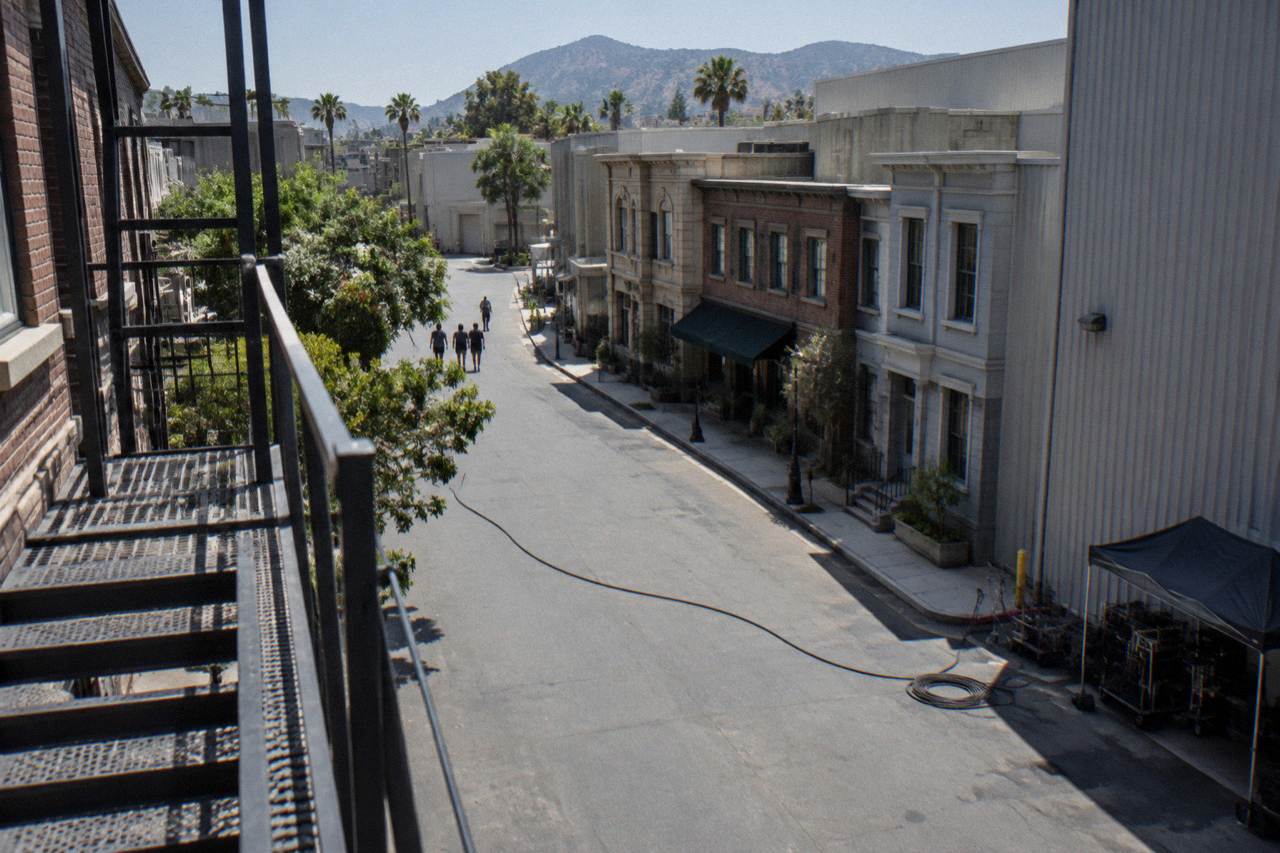 A sunlit studio backlot street lined with painted facades and soundstage walls