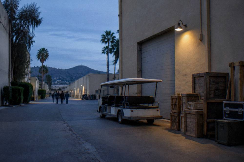 An open tour cart parked beside a soundstage door on a studio lot