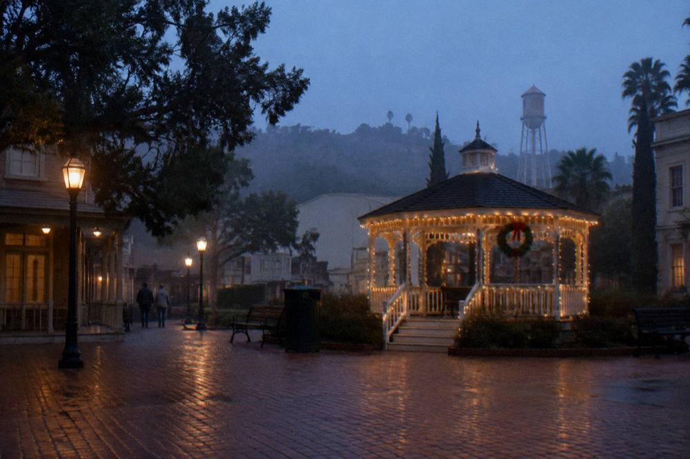 A festive small-town town square set with string lights and a gazebo on a studio backlot
